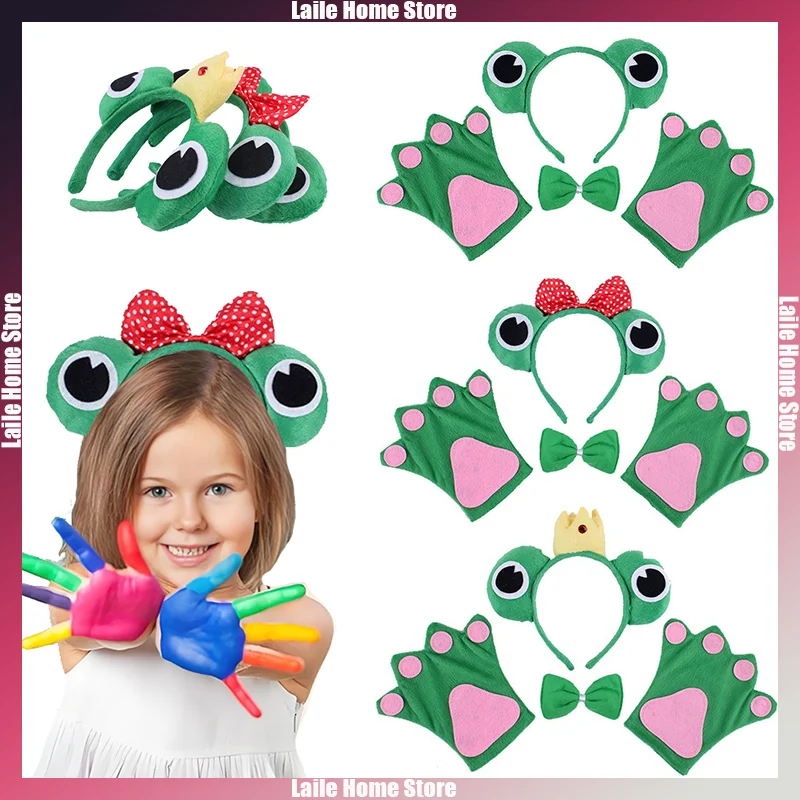 4pcs Cartoon Frog Headwear Gloves Bowtie Set Cute Animal Cosplay Decor Prop Accessories Boy Girl Party Holiday Carnival Dress Up