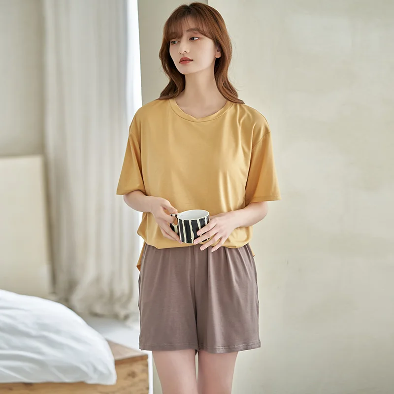 

With Chest Pad Summer Women's Home Clothes Female Pajamas Set Modal O-Neck Homewear Short Sleeve Shorts Pajamas Set Lounge Wear