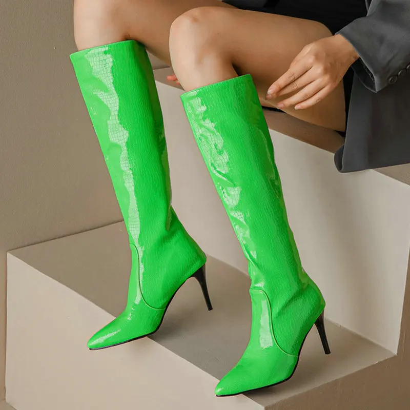 

2022 Women Knee High Boots PU Leather Pointed Toe Ladies Thin High Heel Boots Slip on Dress Fashion Women's Boots Black Green