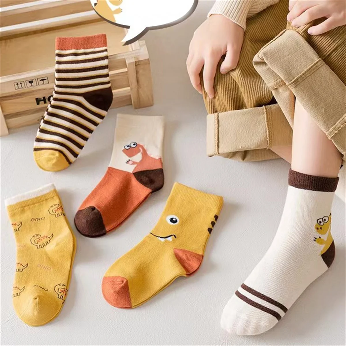 Kids Socks 5-Piece Set Autumn And Winter Cartoon Toddler Dinosaur Print Comfortable Stockings Casual Daily Socks All Seasons