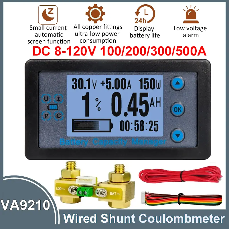 Wired Shunt Coulombmeter DC 8-120V 100/200/300/500A Energy Meter Battery Capacity Tester Low Voltage Alarm LCD Ammeter Voltmeter image 1