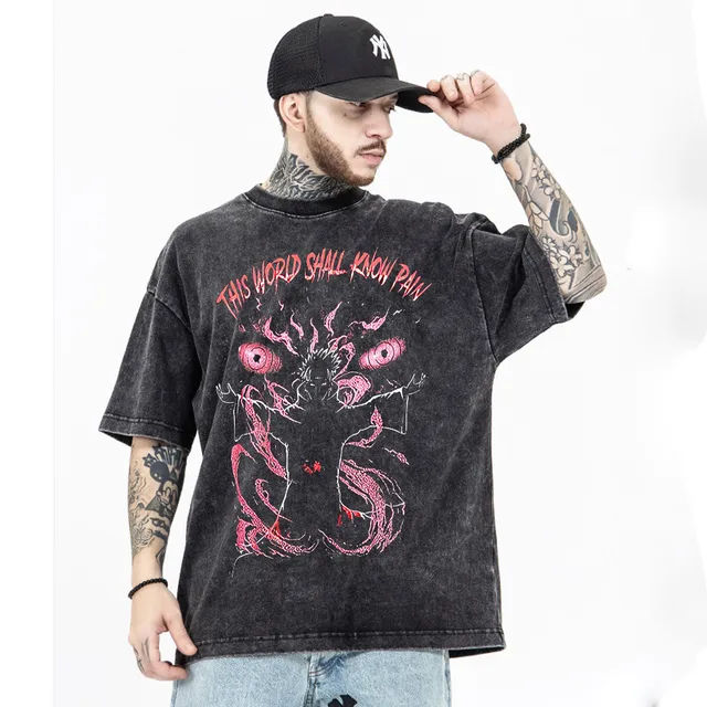 black source Anime Pain Printed T Shirt Men Retro Washed 100% Cotton Tops Tees Harajuku Tshirt Streetwear Hip Hop Male T-shirts 2