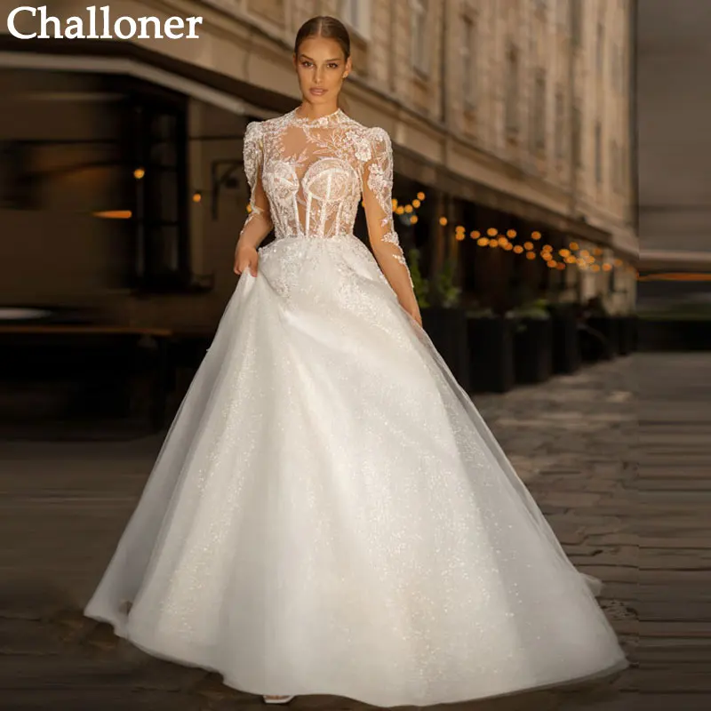 

Новое свадебное платье Challoner с высоким воротом для женщин, женское платье с кружевной аппликацией, свадебные бальные платья, Vestido De Noiva