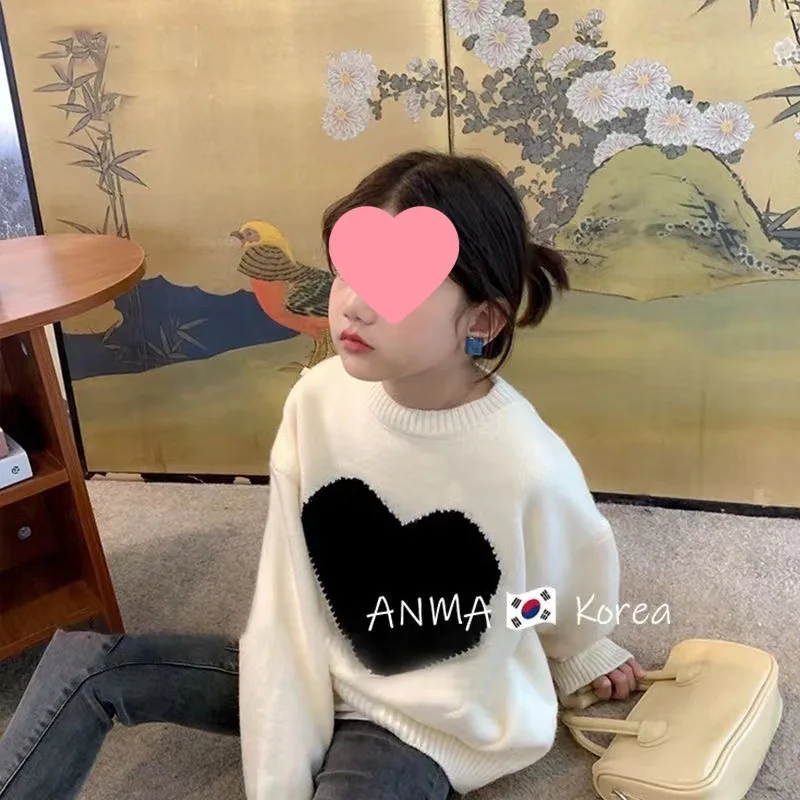 한국 용수철 가을 주니어 소녀 스웨터, 십대 소녀 사랑 자수 스웨터, 학교 소녀 캐주얼 루즈 풀오버 니트웨어, 2024