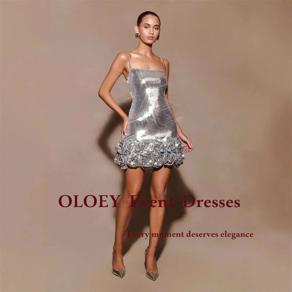 OLOEY Glitter Sequins Silver Short Prom Cocktail Dress Pleats Rose Mini Wedding Party Gown Women Zip Back