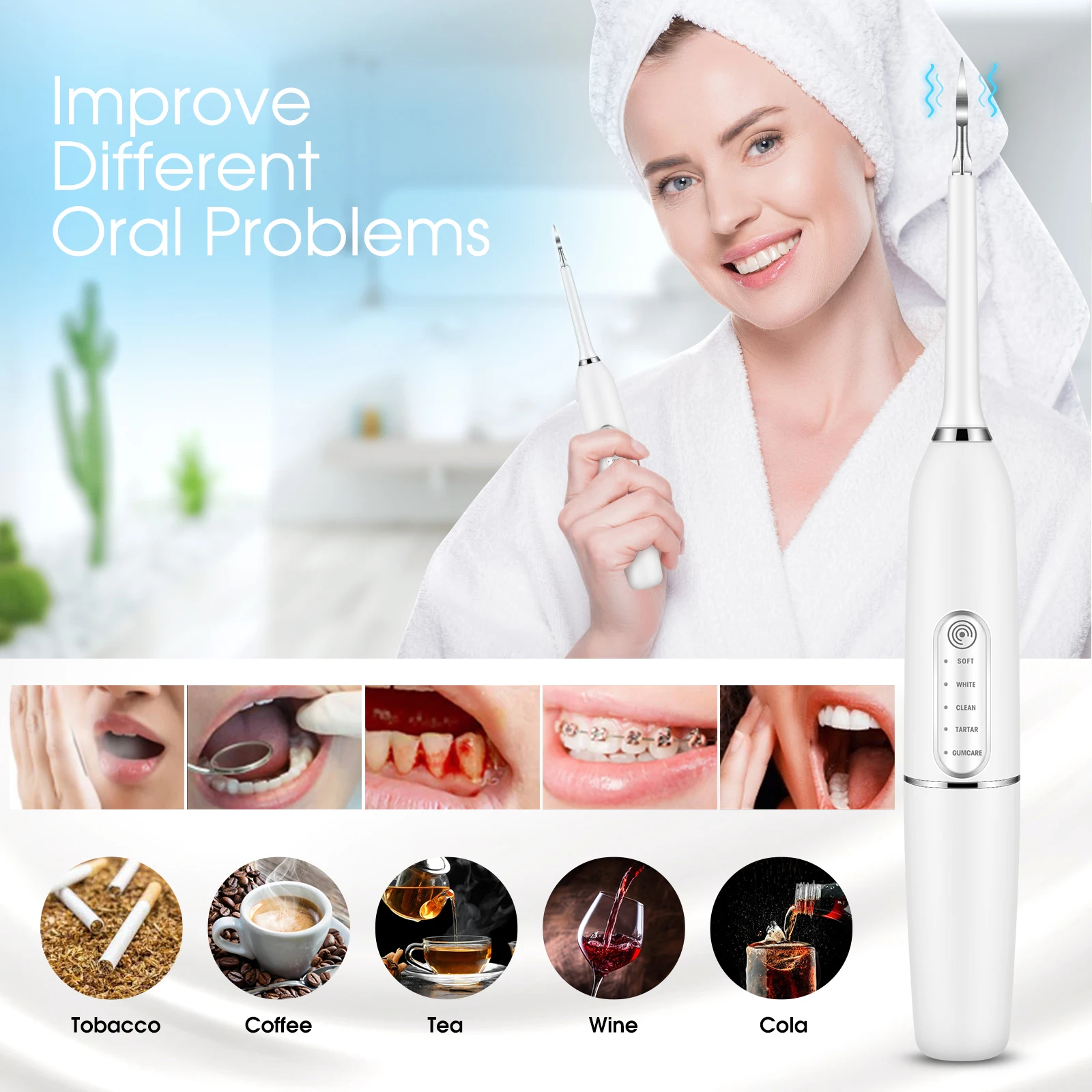 Description Picture 5 of itemUltrasonic Tartar Remover Electric Dental Calculus Cleaner Tooth Plaque Stain Eliminator Tooth Whitening Scaler Oral Care Kit