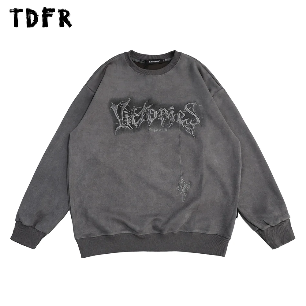 

Letter Embroidery Suede Sweatshirts Mens Autumn Streetwear Loose Crew Neck Long Sleeve Top Men