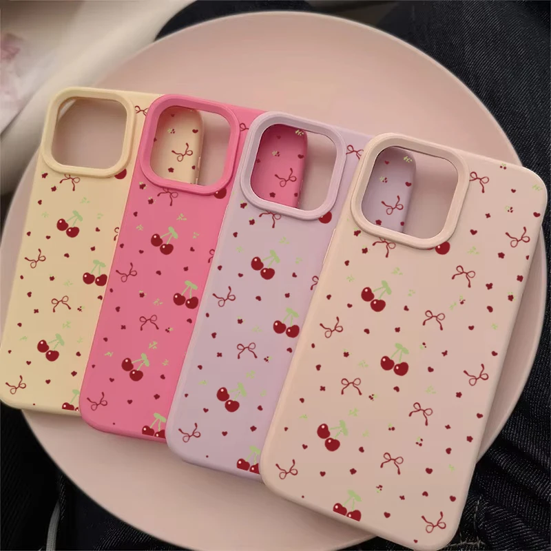 Cherry Silicone Shockproof Soft Leather Phone Case with Cute Heart and Bow Design
