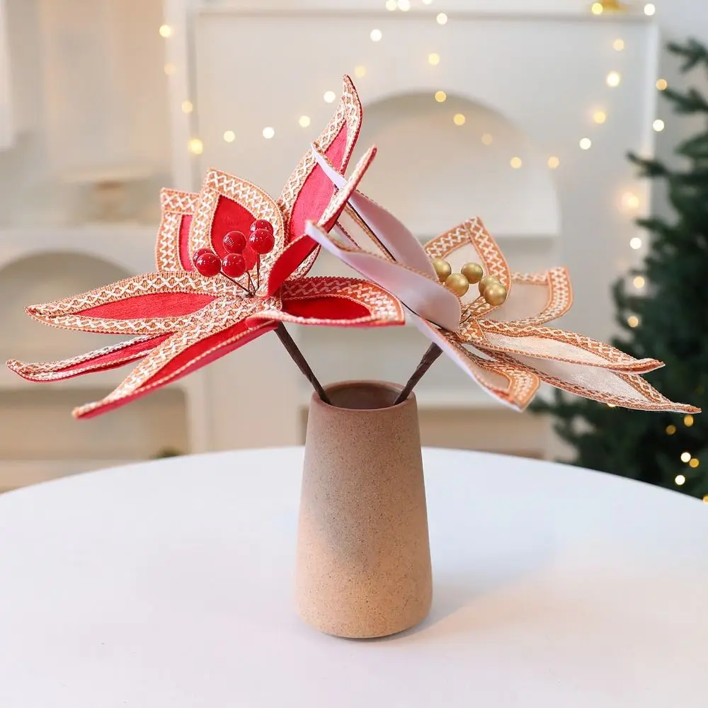 Gold Red Fabric Plastic Christmas Artificial Flowers