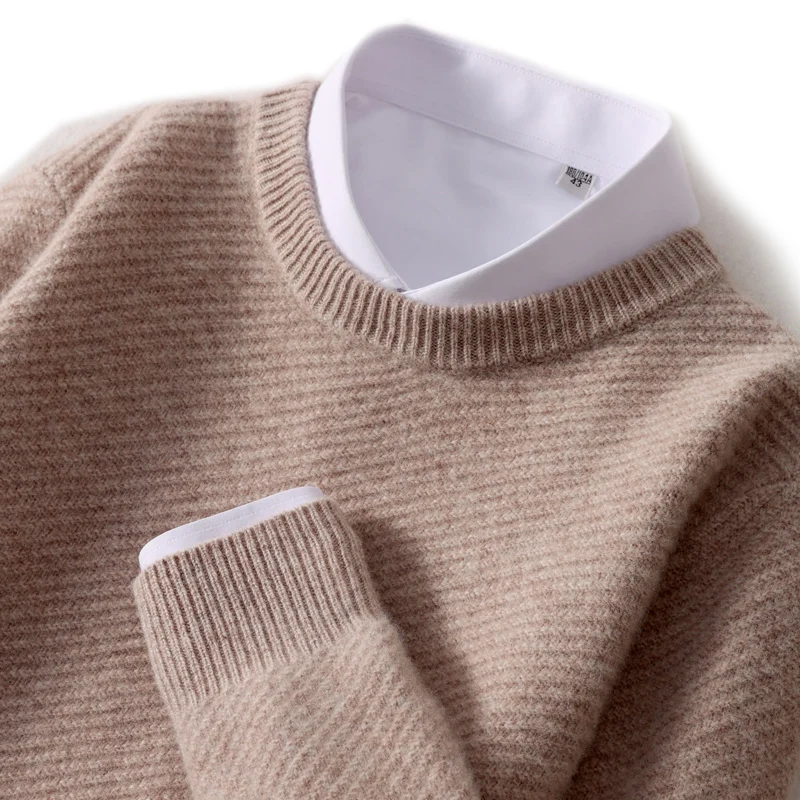 Autumn and winter new men's sweater round neck solid color business sweater loose casual thickened 100% wool knitted bottom swea