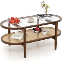 Rattan Coffee Table, 2-Tier Oval Acacia Wood Tea Table w/Tempered Glass Tabletop & PE Rattan Storage Shelf 2