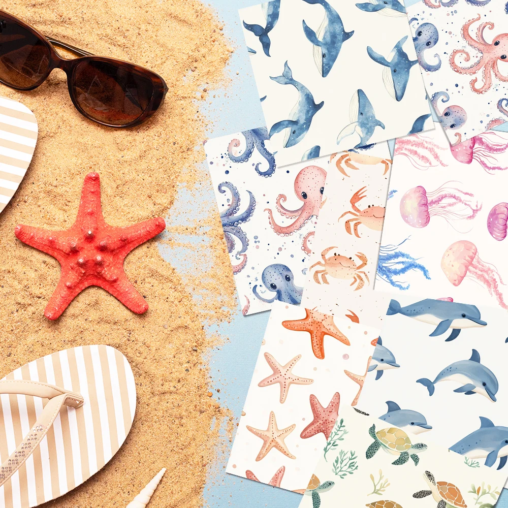 AnyDesign - 12 Hojas De Papel De Regalo De Animales Marinos De Dibujos Animados, Papel De Regalo A Granel, Plegado Bajo El Mar, Azul Marino, Papel De Arte Para Manualidades, Para