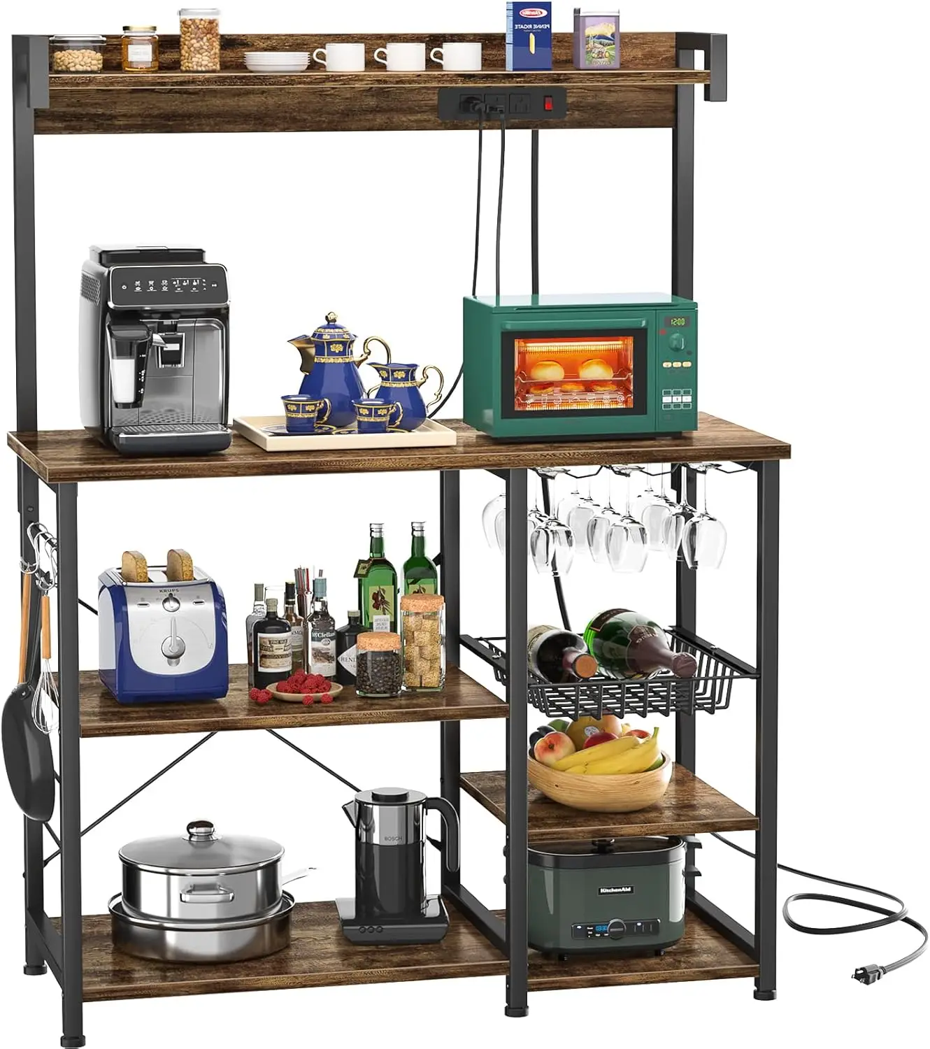 Rack with Power Outlet, Microwave Stand, Kitchen Storage Shelf with Wire Basket, Coffee Bar Station Wine Gl