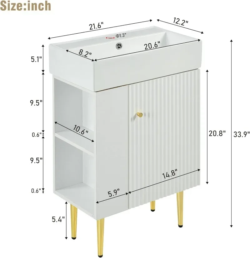 21.6inch White Bathroom Vanity,Bathroom Storage Cabinet with Ceramic Sink,Combo Cabinet,Easy Assembly,Open Storage. 3
