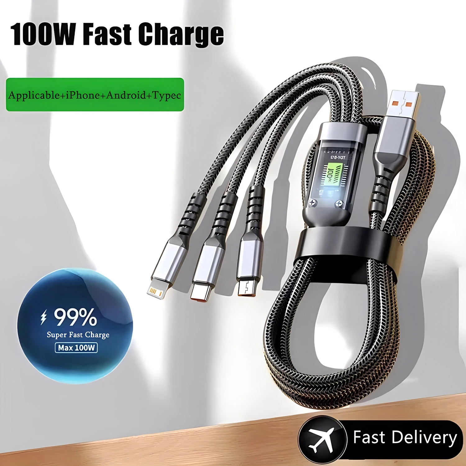 3-in-1 USB 100W 6A Fast Charger Cable Car USB To Type-C Micro LIGHTNING Cable For iPhone 16 15 14 13 Samsung Xiaomi Huawei BEST SELLERS