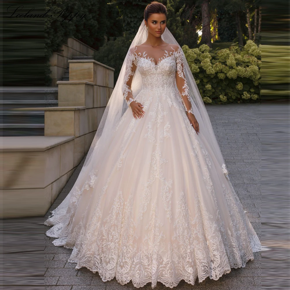 

Lceland Poppy Women's A Line Beaded Lace Wedding Dresses Floor Length Scoop Neck Long Sleeves Bridal Gowns with Court Train