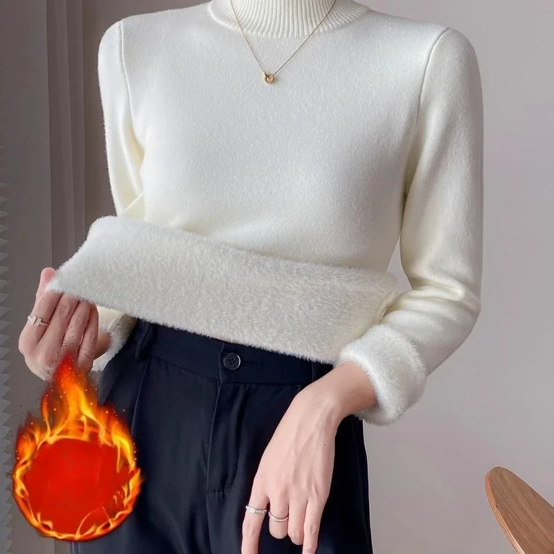 Korean Winter Velvet Turtleneck Solid Color Sweet Women's Knitted Sweater Fashion Autumn Elegant Casual Warm Pullover Top