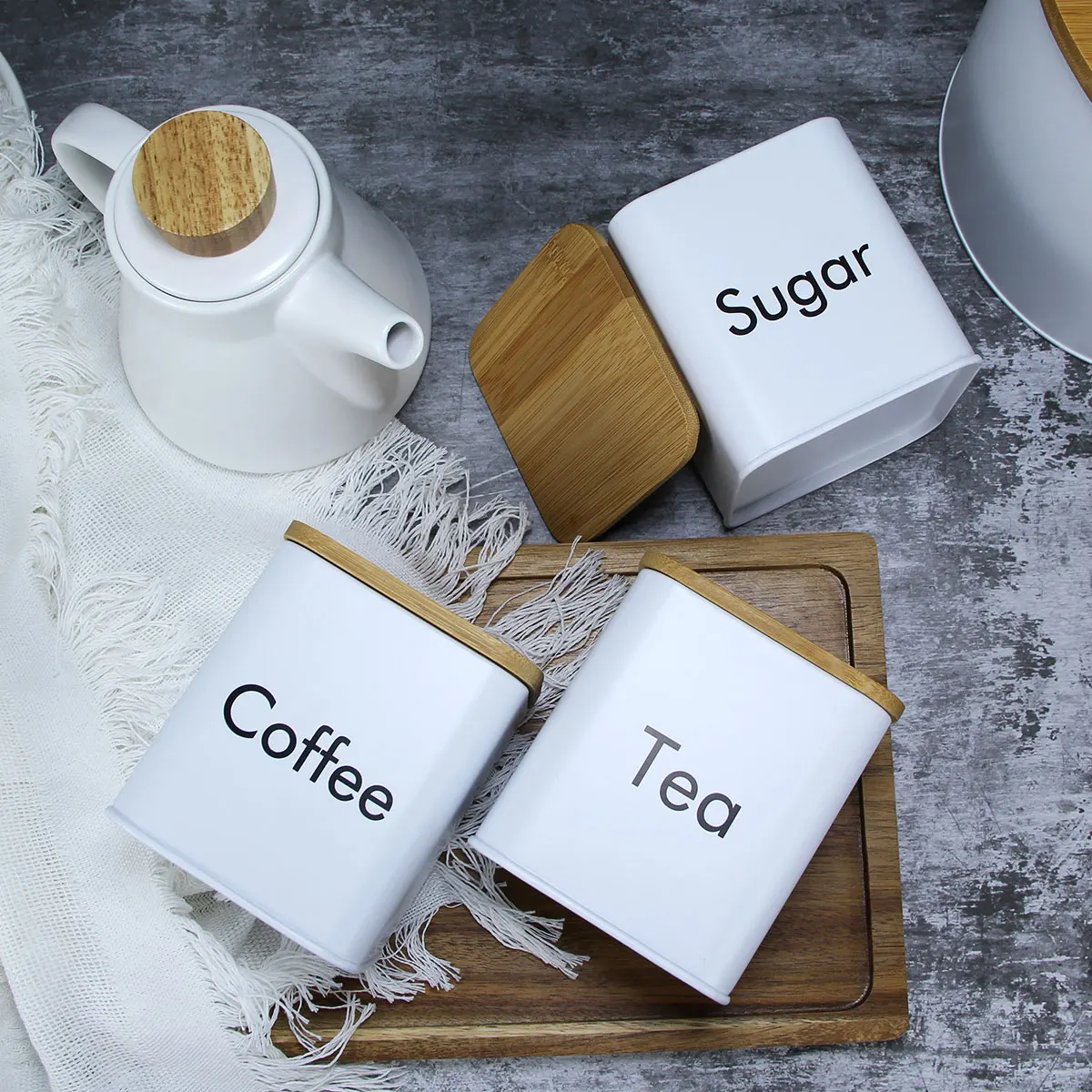 Tea Canister 3pcs Sugar Tea Coffee Jar Metal Kitchen Storage Canister Round Square Candy Biscuit Loose Tea Leaf Containers Box With Covers