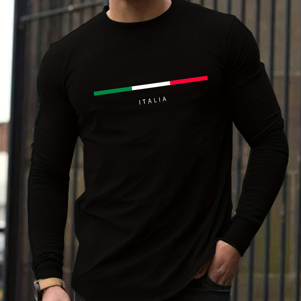 Men's Spring and Autumn 100% Cotton Loose Comfortable Casual ITALIA Letter Pattern Printed Round Neck Long Sleeve T-shirt