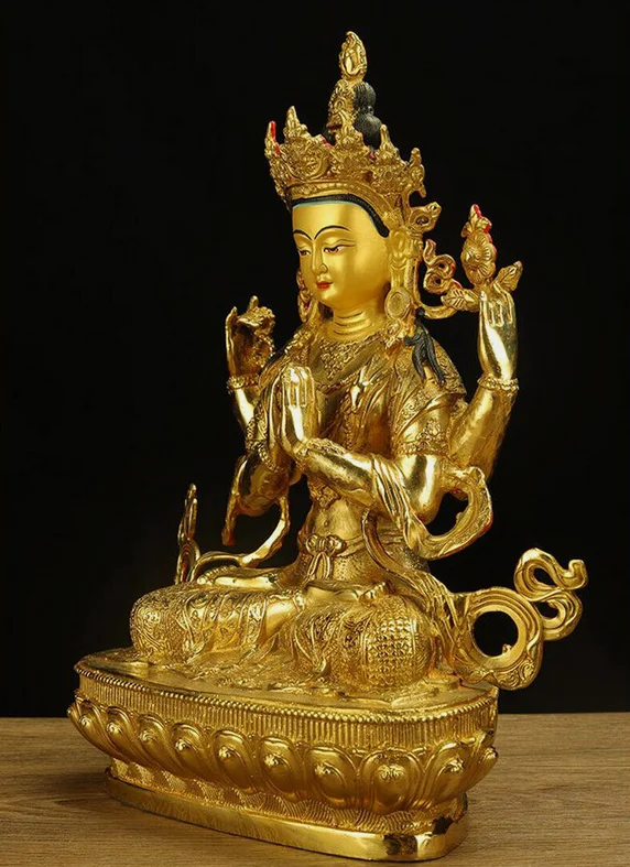 8" Chenrezig Kwan-yin 4 arms guanyin Divinity Buddha Statue pure Bronze gilt & 5