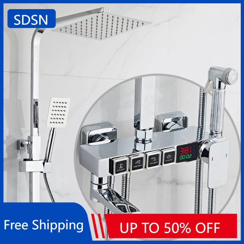 ระบบฝักบัวอาบน้ำดิจิตอลโครเมียม ขนาด 10 นิ้ว หัวฝักบัวสแตนเลส ก๊อกน้ำทองเหลือง ชุดฝักบัวอาบน้ำแบบควบคุมอุณหภูมิ 1