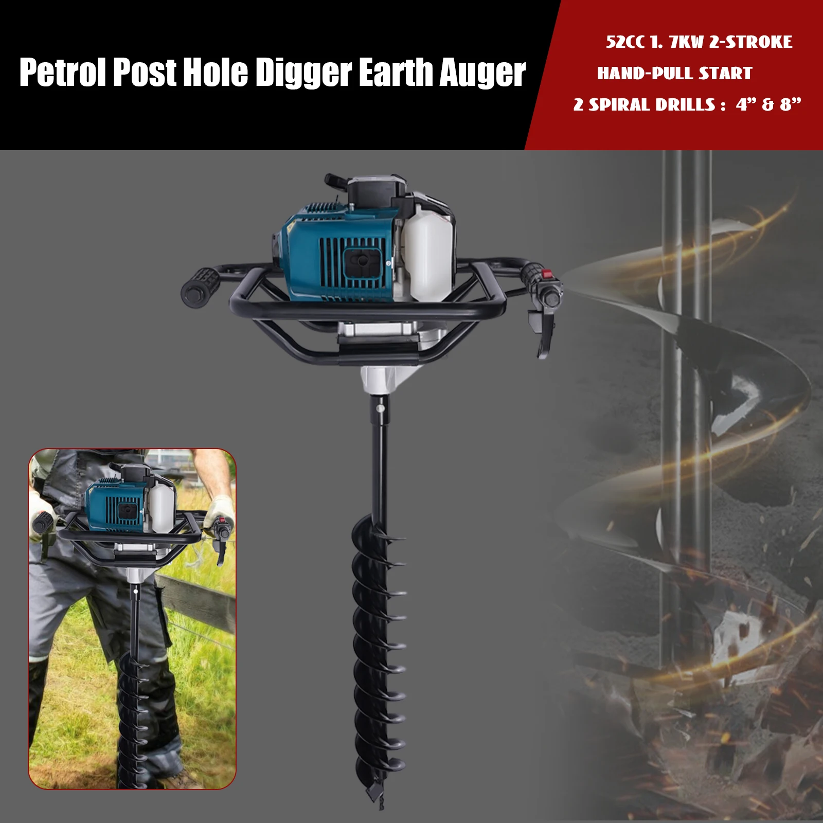 52CC Gas Powered Ground Post Hole Digger Earth Auger Borer Fence +2 Drill Bits w/Extention Bar 52cc engine 2 stroke 2hp gas powered single cylinder air cooled earth auger post hole digger borer fence ground no drill bits