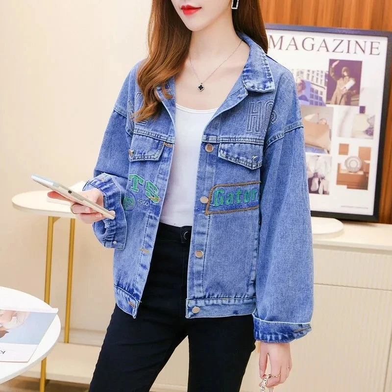 

ZenRoicSea Spring Autumn New Letter Embroidery Denim Jacket For Women Korean Vintage Single Breasted Loose Jean Coat Female Tops