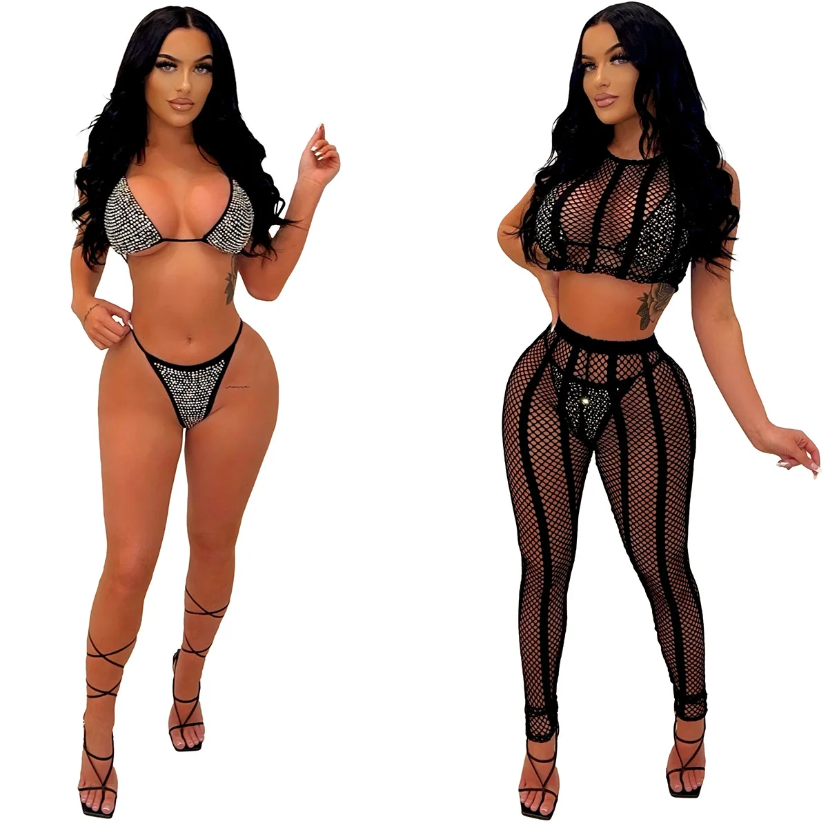 

Sexy Fashion Women Jumpsuit Four-piece Hot Drill Set Bodysuit Evening Club Pencil Pant Women's Playsuits Black White Pink Red