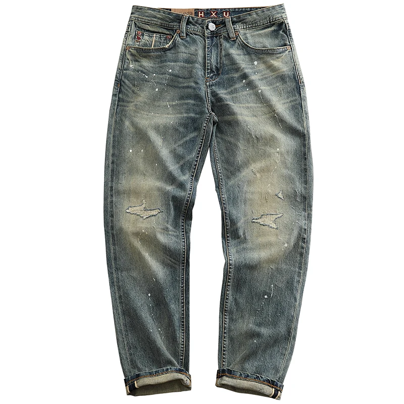Red Selvedge Denim Jeans for Men High Quality 12.5oz Tapered Straight Pants WHISKER Painting Washed American Vintage Y2k 512 6