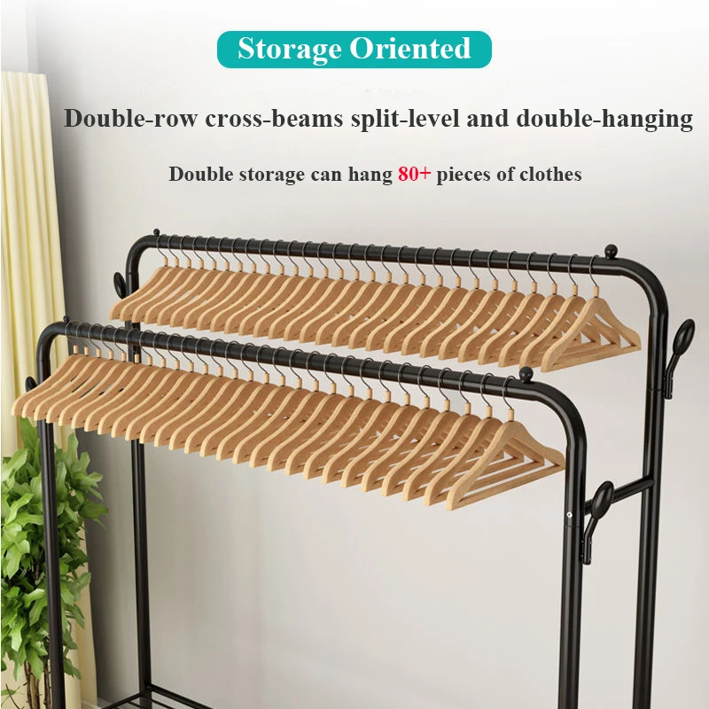 Double Pole Coat Rack Floor Standing Clothes Hanger Storage Drying Balcony Cloth Drying Shelf Shoes Rack Clothes Horse Furniture 5