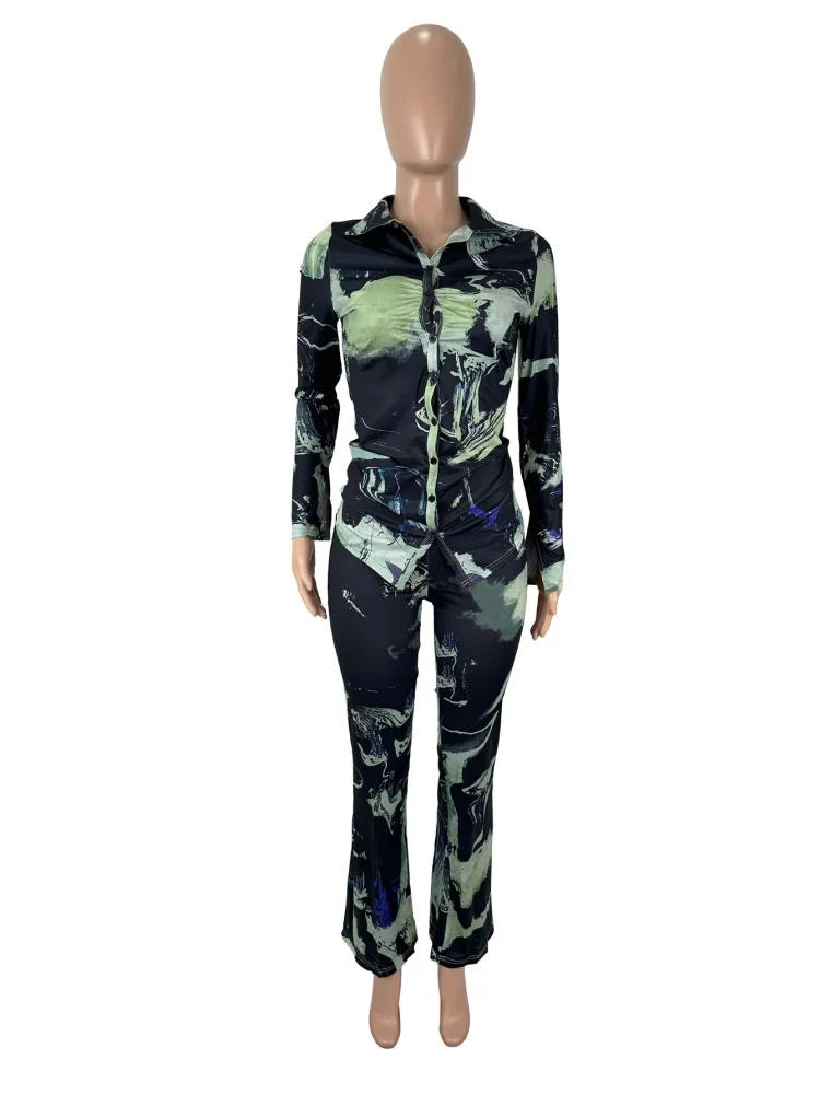 Wmstar Two Piece Set Women Wholesale of Casual Clothing with Printed Lapel and Pleated Buttons Selling Well Europe America