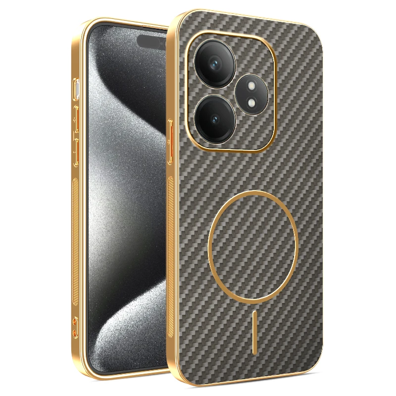 Premium Electroplating Leather Carbon Fiber Magnetic Ring Phone Case - Anti-Fall Protection