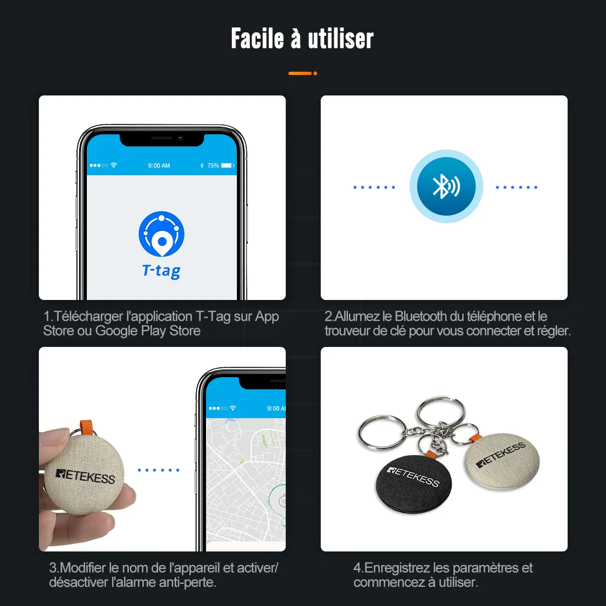 Retekess TH005 Localisateur d'Objets, Bluetooth Intelligent Porte