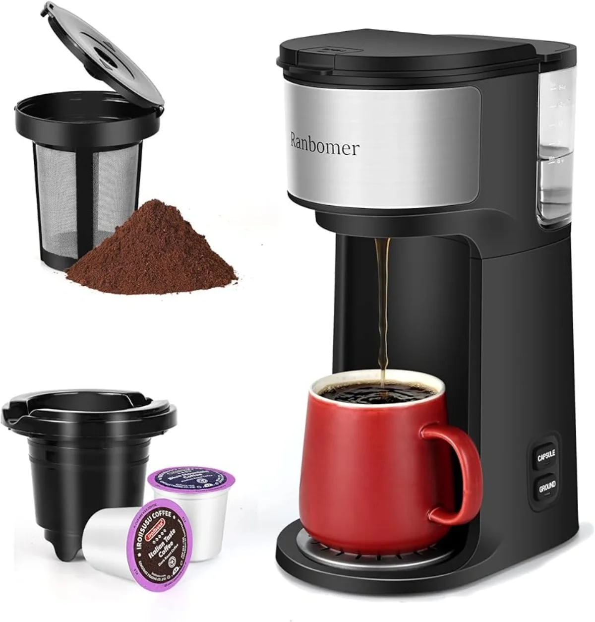 Single Serve Coffee Maker K Cup and Ground Coffee Machine 2 in 1 6 to 14 Oz Brew Sizes Fits Travel Mug