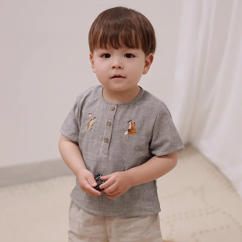 Clibeso Summer New Children's Loose Cotton Linen Top Boys' Solid Color Shirt Long Sleeve Embroidered Animals Kids Clothes