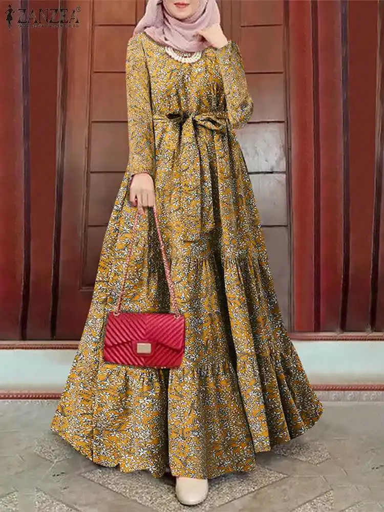 

Muslim Dress Spring Long Sleeve O Neck Loose Lace Up Sundress ZANZEA Fashion Women Printed Dress Elegant Long Vestido Robe Femme