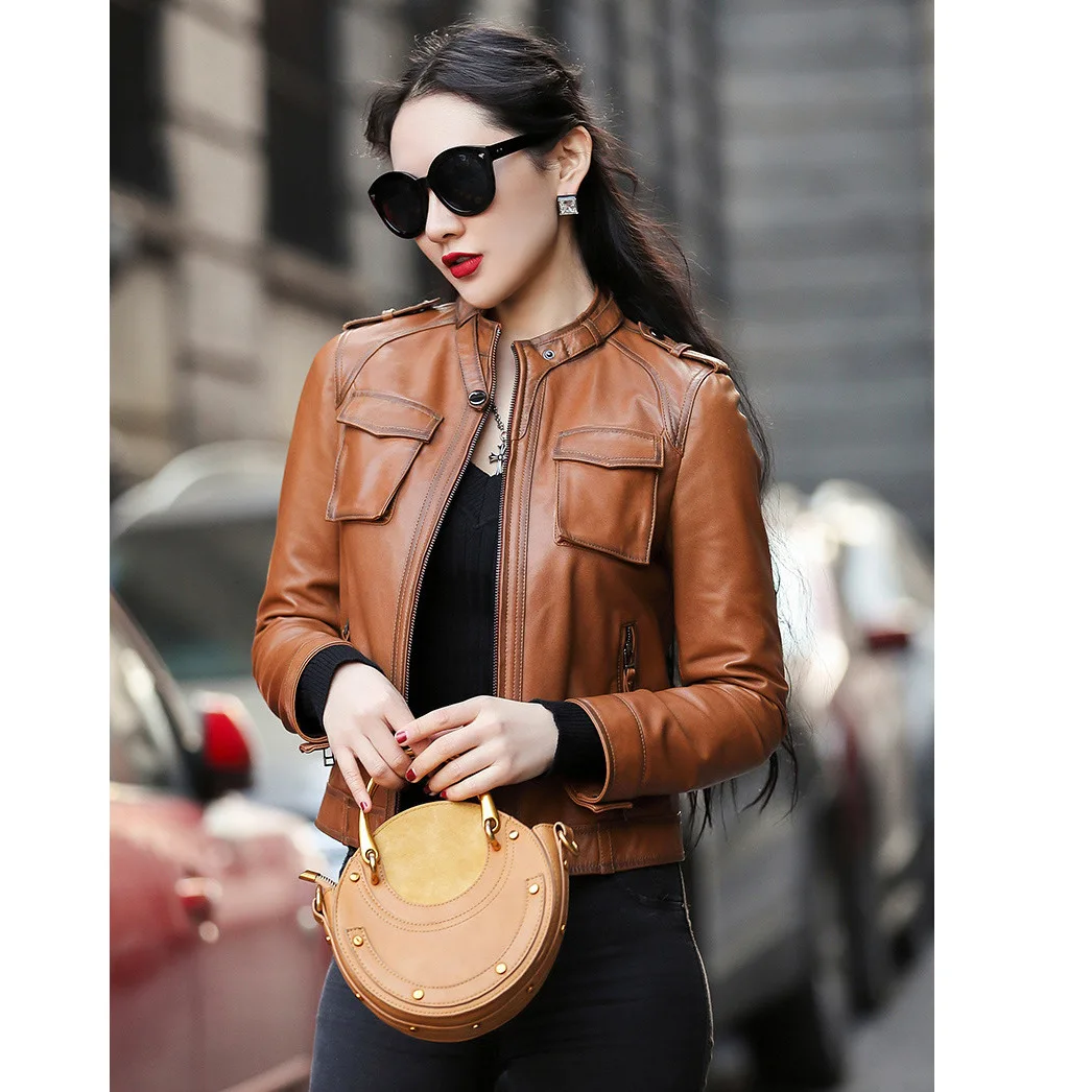 

2023 Promotion slim Sheepskin genuine leather small leather jacket for women's short motorcycle autumn standing collar leather j
