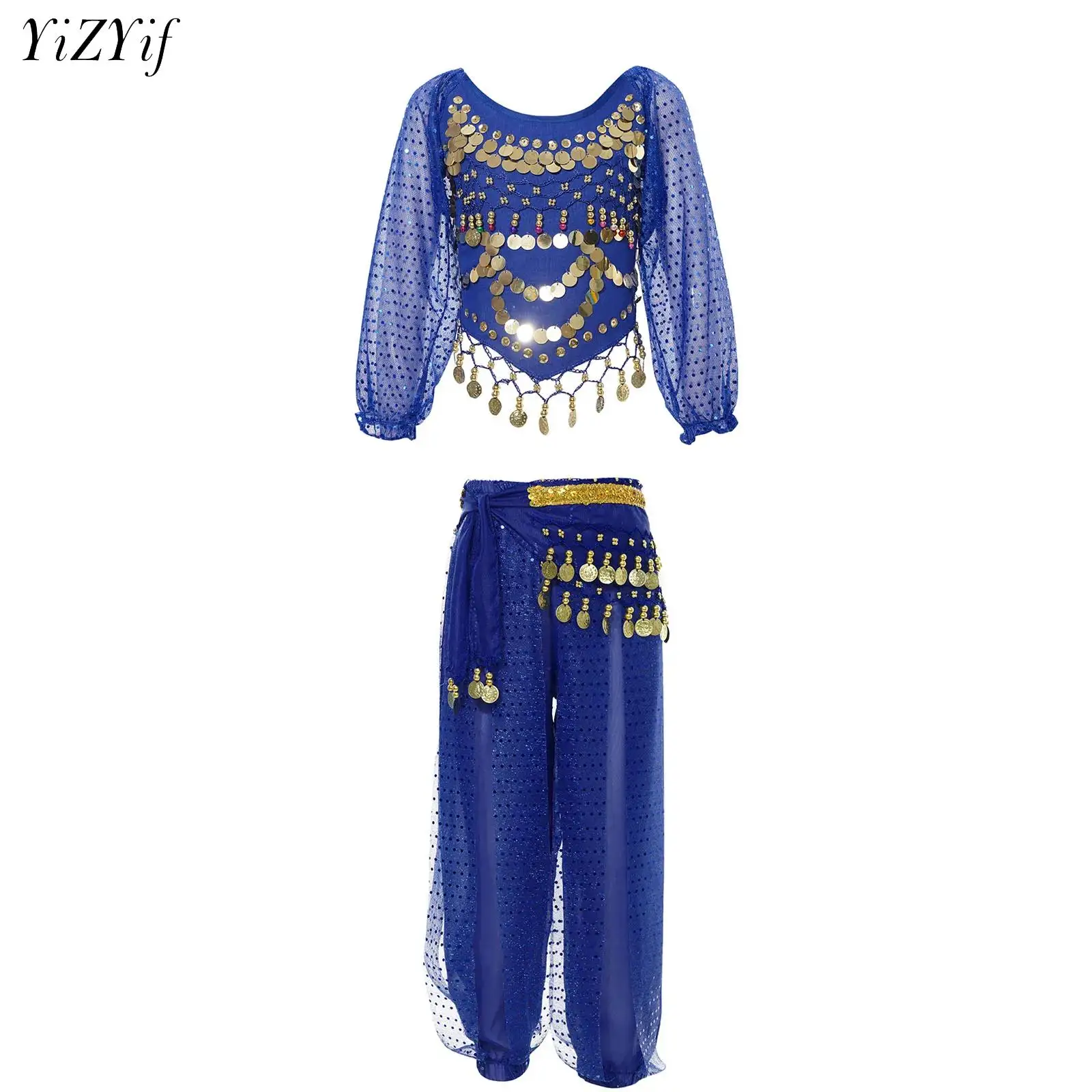 

Girls Belly Dance Set Sequin Bellydance Outfit Indian Dance Costume Long Sleeve Crop Top Pants with Waist Chain Hip Scarf Outfit