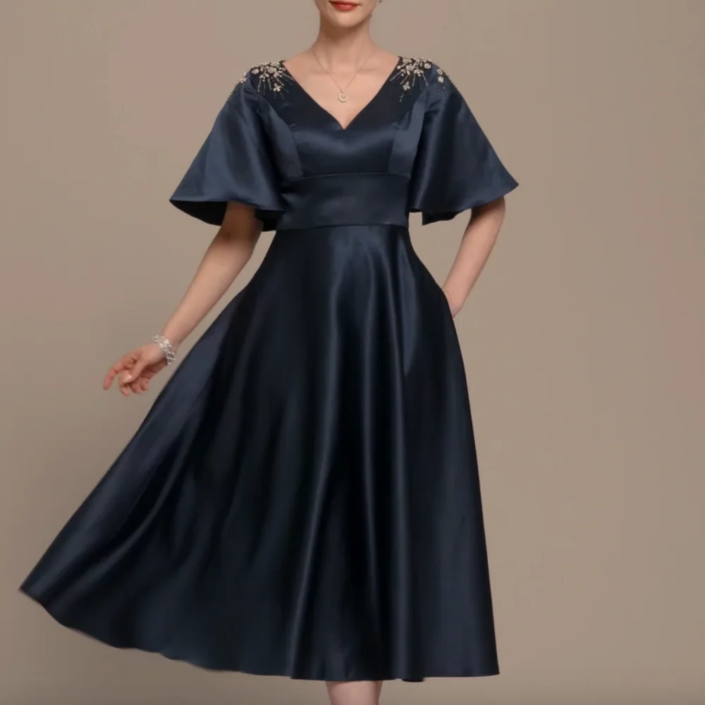 

Elegant Mother Dresses Of The Bride V Neck Short Sleeves A Line For Women Mid Calf Length Formal Occasion Wedding Party Gowns