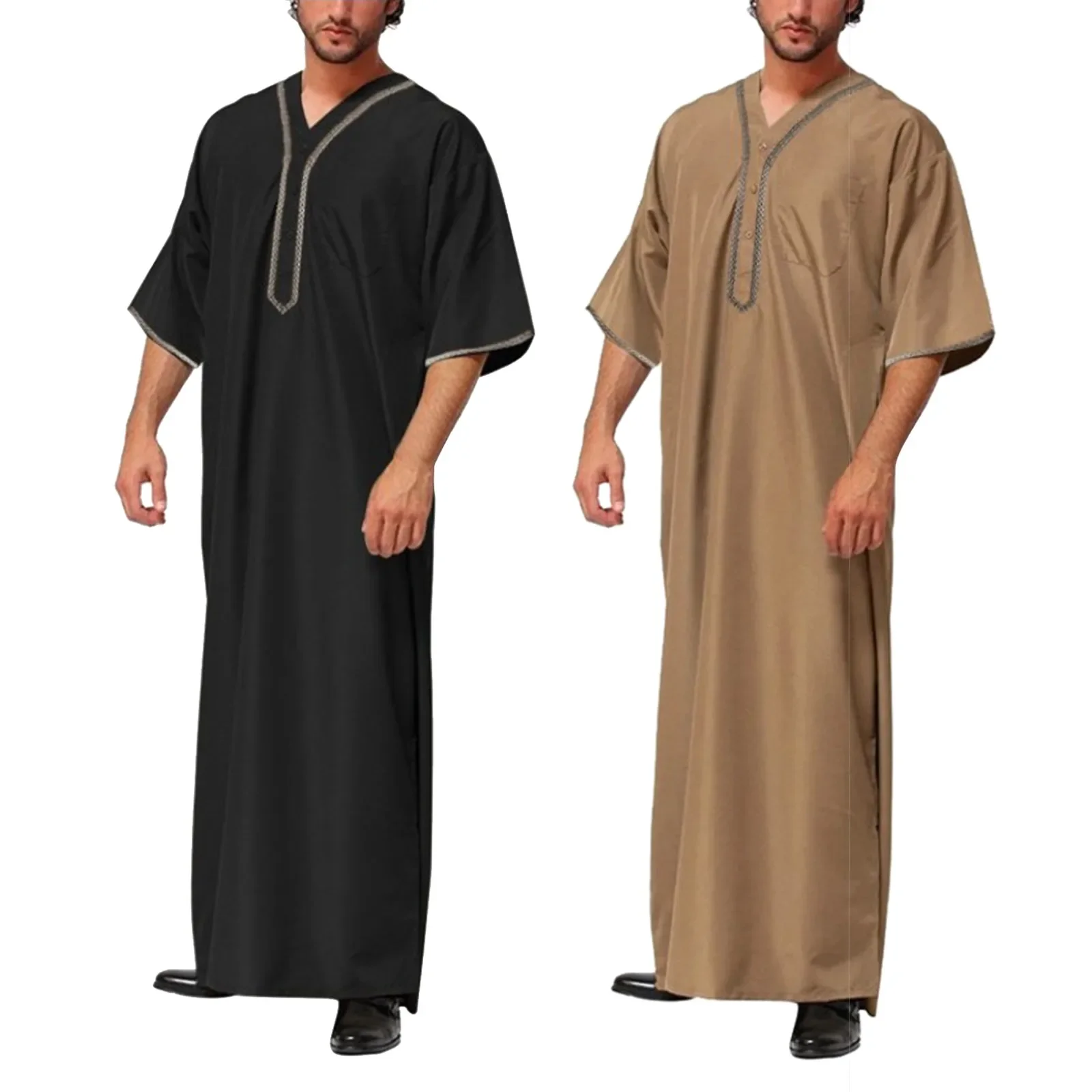 

Muslim Men Jubba Thobe Solid Color Button Kimono Middle Robe Saudi Musulman Shirt Stand Collar Islamic Arabic Kaftan Men Abaya