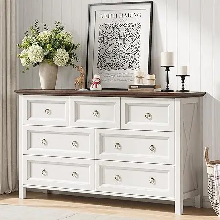 54'' Farmhouse 7 Drawer Dresser for Bedroom, Rustic White Dresser with Barn-Door Design, Spacious Tabletop & Round Brass Handles 7