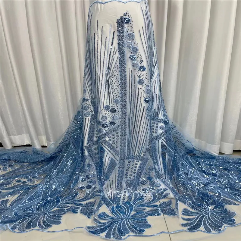 

Blue 2023 Luxury 3D Lace Fabric Dubai Hand Beaded Tulle Lace Fabric Sequins Embroidered Frican Nigerian Fabric For Sewing J99-3