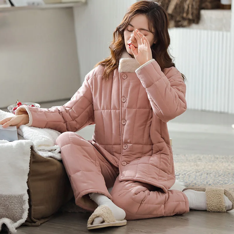 

Pajamas Women Autumn Winter Cardigan Long Sleeved Trousers Plush Warm Home Clothes Two Piece Suit Sleepwear Loungewear Pjs