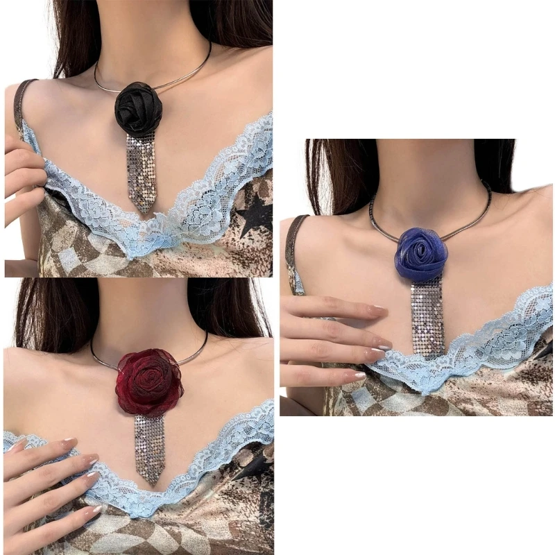 

Womens Sequins Necklace with Chain 3D Mesh Rose Flower Metallic Small Necktie Fashion Jewelry Gift for Party