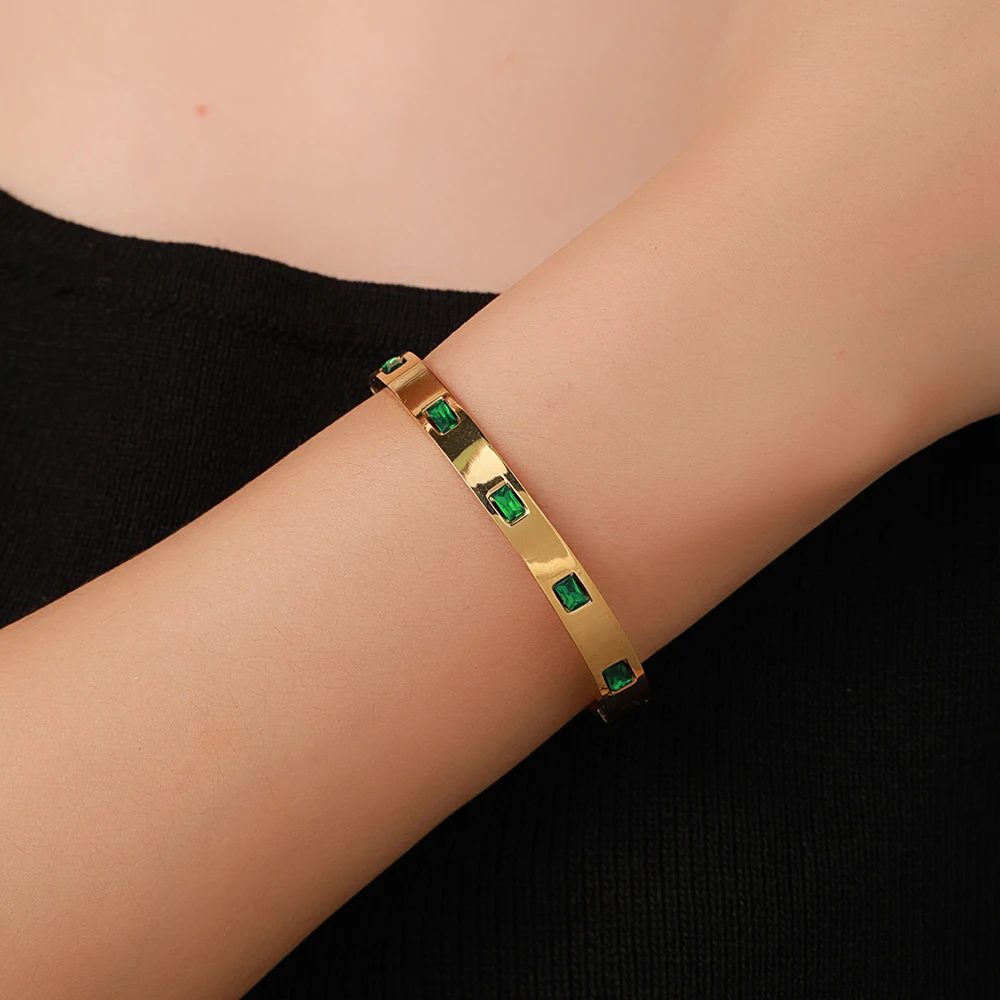 Trendy Chic Green Cubic Zircon Stainless Steel Bangle Bracelet for Women Charm Texture Simple Gold Color Open Bangle Accessories 2