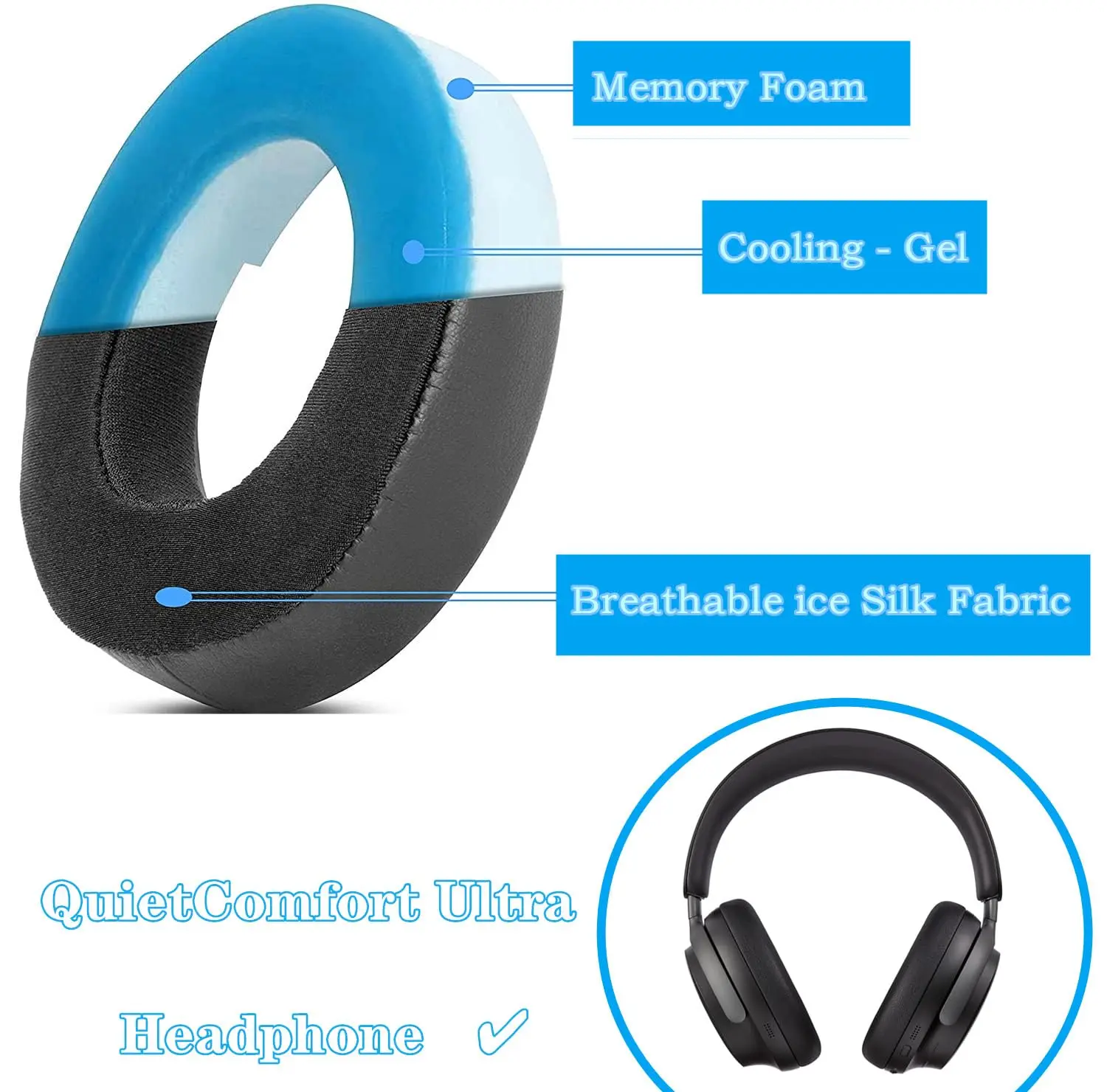 Cooling Gel Ear Pads Cushions Replacement Compatible with Bose QuietComfort(QC) Ultra Wireless Headphone