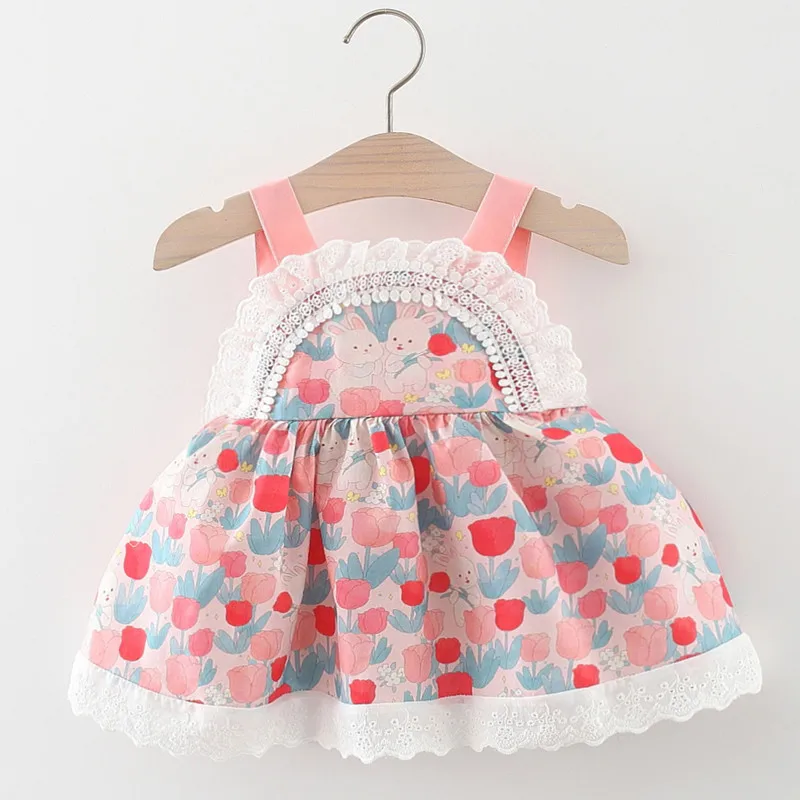 

New Baby Cartoon Rabbit Sling Skirt Lace Tulip Print Summer Dress Children's Holiday Birthday Gifts Cotton Sweet Clothing