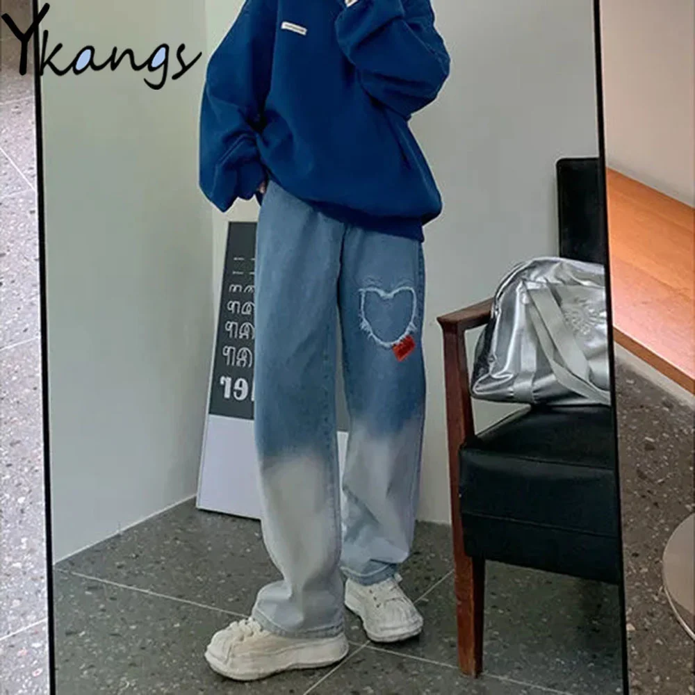 

Джинсы женские широкие с бахромой, винтажные мешковатые брюки из денима с градиентом цвета, с завышенной талией, уличная одежда в стиле Харадзюку, Y2k Милые и милые женские джинсы Свободные уличные повседневные джинсы