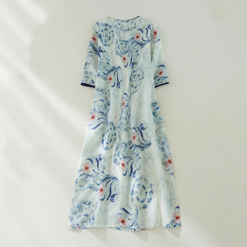 Summer Cotton Chinese Style Vintage Print Dresses For Women 2025 New Casual Loose Long Dress Femme Robe Vestidos Elegant Clothes