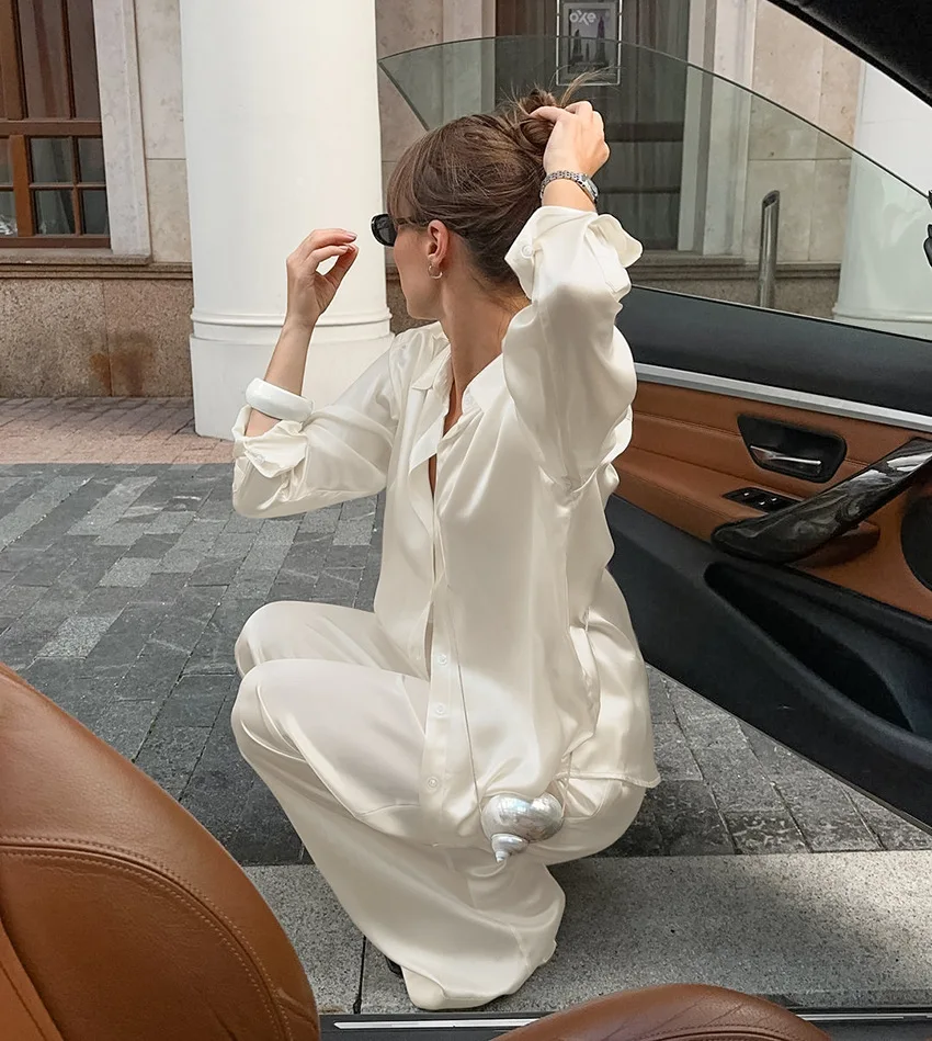 Fashion Commute 2 Piece-Set Trousers Ladies Casual Solid Shirts And High Waist Wide Leg Clothes Outfits Women's Pants Sets